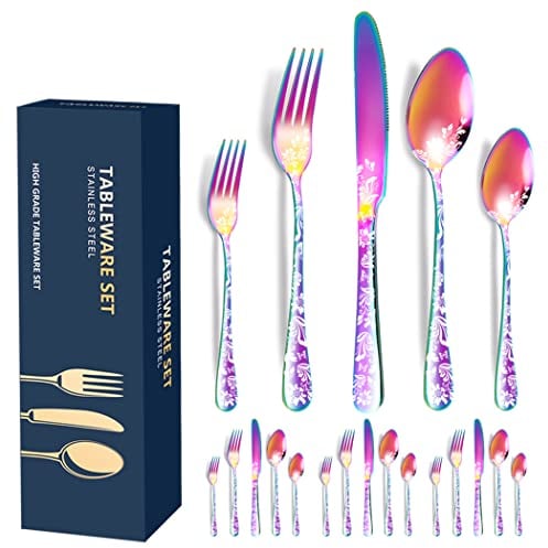 XIAOYU 20-Piece Flatware Set, Stainless Steel Silverware Cutlery Set for 4, Unique Pattern Design, Includes Dinner Knives/Forks/Spoons, Dishwasher Safe, Rainbow