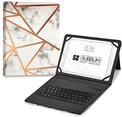 SUBBLIM Funda para Tablet 11”, con Teclado Bluetooth, Teclado Español, Cierre Banda Elástica, Puerto de Carga, Ultra Slim, Keytab Pro Marmol Blanco