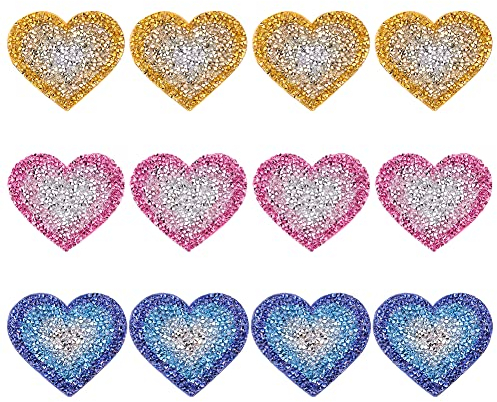 WEBEEDY 12 Stück Stoff-Herzen mit Pailletten Herzform Strass Patches Zum Aufbügeln Hotfix Applikationen Patches Kleidung Reparatur Jeans Taschen Hüte Schuhe Valentinstag Dekoration