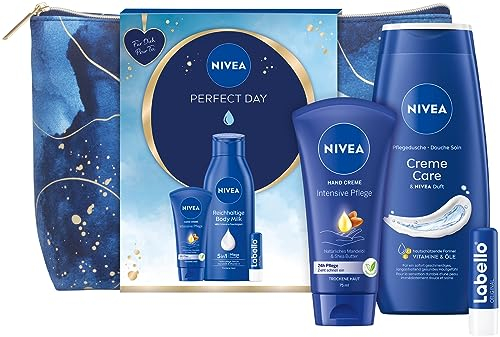NIVEA Perfect Day Coffret cadeau avec produits de soin hydratants, boîte cadeau avec crème pour les mains, labello, lait corporel et trousse de toilette