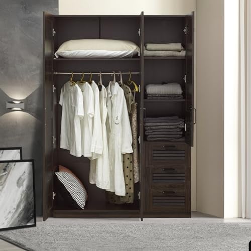 [en.casa] Kleiderschrank Finning 3-türig 176 x 120 x 52 cm Garderobenschrank mit 1 Kleiderstange, 4 Fächern und 3 Schubladen Walnuss, dunkel