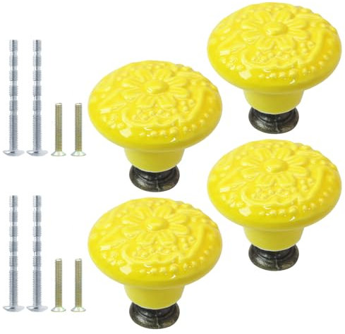 Suiwotin 4pcs Yellow Ceramic Knobs: Vintage Kitchen Cabinet Pulls, Retro Ceramic Dresser Knobs, Decorative Drawer Handles