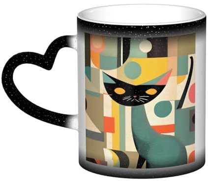 ZISHAK Kaffeetasse aus der Mitte des Jahrhunderts, moderne Kunst, Katze, atemberaubende keramische wärmeempfindliche Farbwechsel-Tasse – Sternenhimmel, Farbwechsel-Kaffeetasse