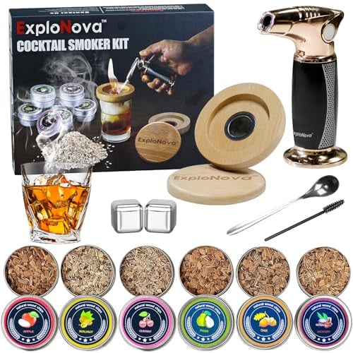 Kit fumoir à cocktail avec torche, kit fumoir à whisky à la mode, kit fumoir à whisky avec 6 jetons en bois, cadeau pour papa, husband et amateurs de cocktail (sans butane)