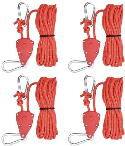 4 Pack Tent Guy Ropes, 6mm Tent Camping Cord Reflective, Guide Rope Heavy Duty with Pulley, Camping Line with Aluminum Tensioner for Camping Hiking Awning Outdoor 5m (Red)