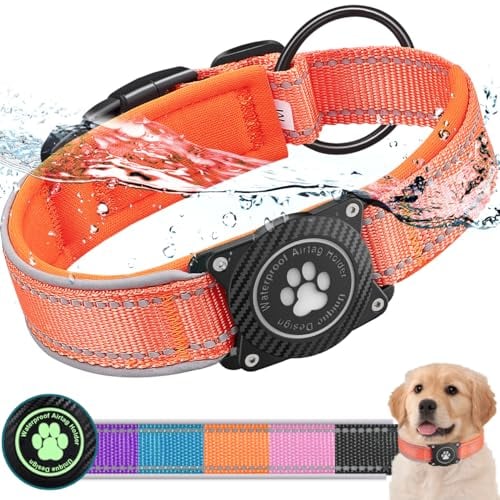 Ytanest Leuchtend AirTag Hundehalsband Halter 100% Wasserdicht Integriertes Apple Air Tag Reflektierend für mittlere große Hunde, Orange, M