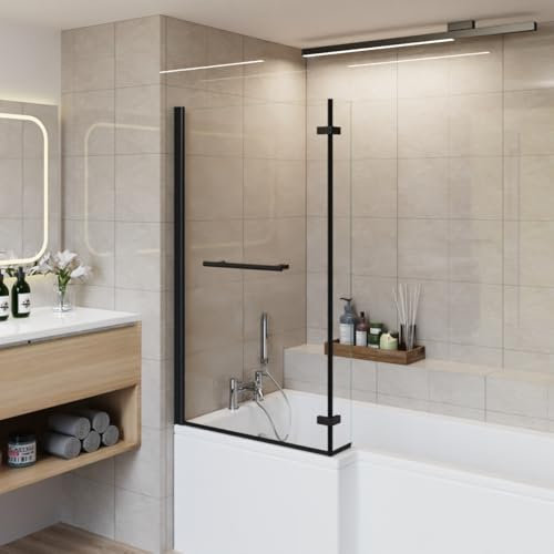 Aquariss Square Bath Shower Screen 6mm Safety Glass Easy Clean Panel Frameless 180 Degree Pivot Screen Black with Towel Rail 810x1400mm