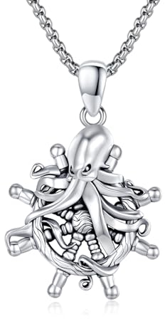 OHAYOO Oktopus Kette Silber 925 Ruder Halskette Krake Anhänger Silberkette Männer Vintage Schmuck für Herren 55+5 Edelstahlkette mit Geschenkbox