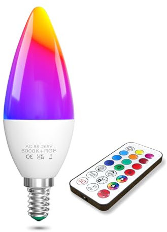 TobeBright LED Leuchtmittel E14 Farbwechsel, 3W RGB Glühbirne E14 mit Fernbedienung Dimmbar Kaltweiß 6000K + RGB LED Farbwechsel Birne E14, 40W Äquivalent, Speicher & Timing Funktion, 1er Pack