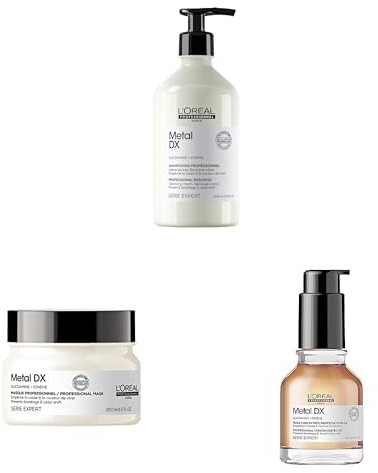 L'Oréal Professionnel XL-Pflegetrio für alle Haartypen, beugt Haarbruch & Farbveränderungen vor, Anti-Frizz & Glanz, Hitzeschutz, Mit Glicoamin, Serie Expert, Metal DX Shampoo 500ml, Maske & Oil