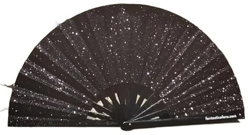 Hermans Fantastico Faltbarer XL-Handventilator, XL-Display-Ventilator, Strand, Club, Festival, Party, lebendiger XL-Fächer, 65 cm breit, 35 cm hoch, Schwarz Mega Glitter