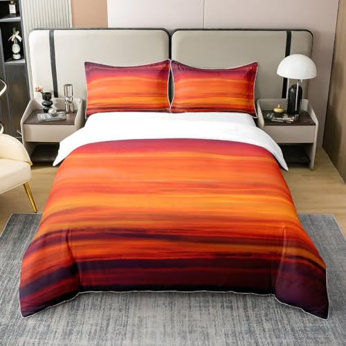 Loussiesd Roter Druck Betten Set Sonnenuntergang Farbe Bettwäsche Set 135x200cm 100% Baumwolle Roter tropischer exotischer Streifen Bettbezug Set Kinder Jungen Mädchen Modernes Design Raumdekoration
