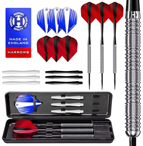 Harrows Caliber 90% Tungsten Steel Tip Darts Set I 21g bis 30g Alle Gewichte verfügbar I Riesiges 16-teiliges Bundle mit Ersatzschäften, Prime Flights & Reiseetui (22 Grams)