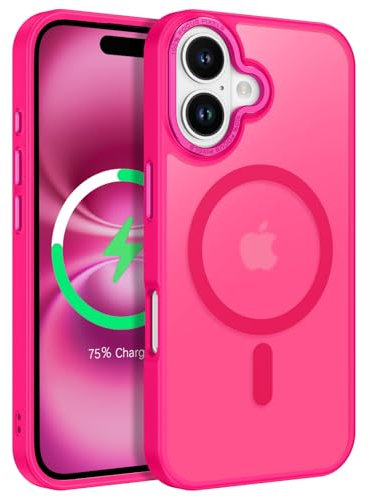 GUAGUA Coque pour iPhone 16 Compatible avec MagSafe Protection Antichoc Qualité Militaire Dos Anti Rayures Étui Housse Arrière Translucide Givrée Anti-Empreintes Digitales 6.1''(Rose Vif)