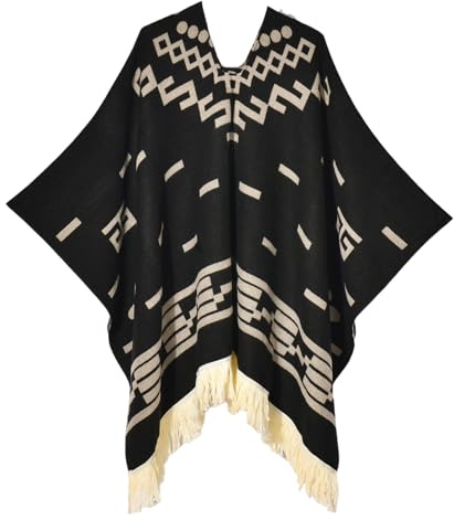 Iris Sprite Damen Pullover Poncho Ethno Stil Poncho für Frauen Quasten Strickschals und Wraps Capes, Jeansschwarz, Einheitsgröße