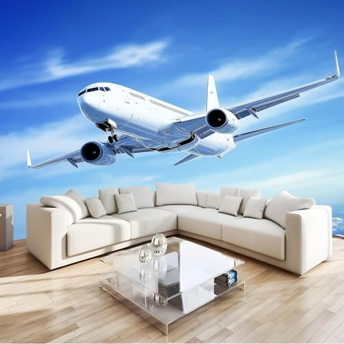 Papier Peint 3D Ciel Bleu Avion Panoramique Peinture Murale Interieur 200x140 cm pour Salon Chambre à Coucher D'Enfant Maison Décoration Murale