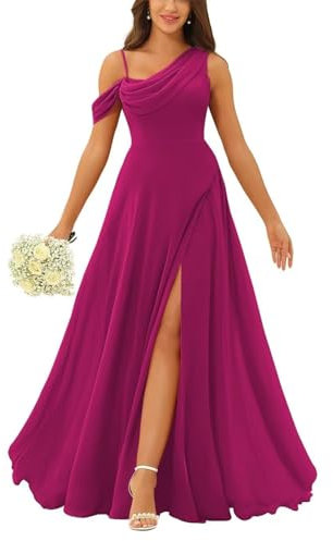 HPPEE Vestido de dama de honor con un hombro descubierto, largo y fruncido, de gasa, acampanado, formal, para boda, fucsia, 54 Grande
