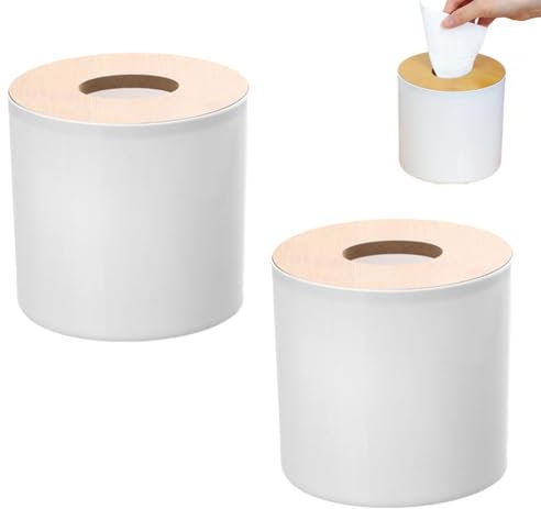 2PCS Tissue Box Cover, Toilet Paper Storage with Lid Round Toilet Paper Roll Cover Wooden Toilet Paper Dispenser for Bathroom Kitchen (Round White)