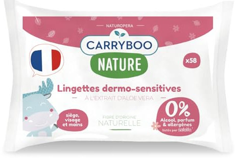 CARRYBOO - Lingettes bébé dermo-sensitives - Sans parfum ni allergènes - Lot de 9 - Peaux sensibles -Nettoient et apaisent - Fibres 100% d'Origine Naturelle - Fabriquées en France - 522 lingettes