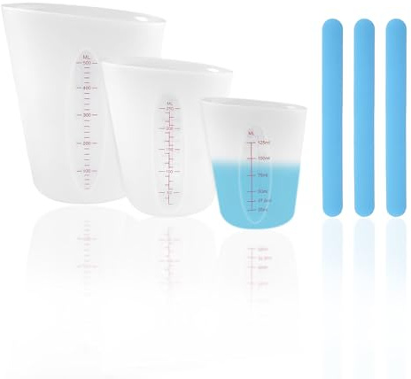 Silikon Messbecher Set 500/250/125ml - Messbecher Küche mit Rührstäbchen | Backzubehör Messbecher Flexibel, Lebensmittelechter Silikon Messbecher, Platzsparende Messbecher Stapelbar für Labormessungen