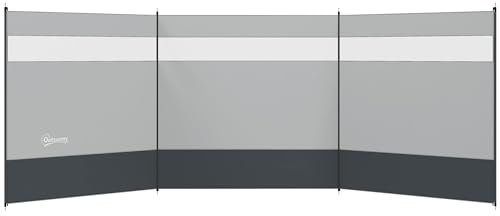 Outsunny Windschutz faltbar Camping Sichtschutz mit Lichtquellenfenster Heringen Seilen Windfang Zaun Strandwindschutz Strandschutz für Camping Garten, Strand, Terrasse 440 x 140 cm Grau