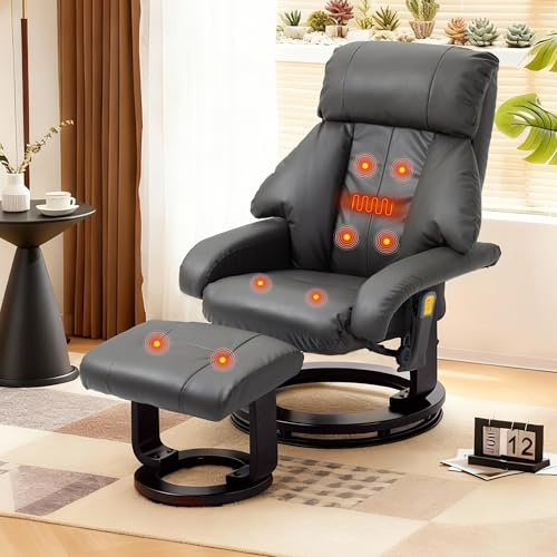 Mingone Massagesessel Elektrisch mit Liegefunktion Grau | Fernsehsessel mit Fußhocker | 360° Drehbar | Kunstleder | TV Sessel mit 8 Massagepunkte | Relaxsessel mit Wärmefunktion