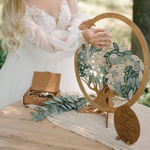 WEIYOUDP Alternative au livre d'or de mariage personnalisé, panneau circulaire de bienvenue avec feuilles, arbre généalogique, anniversaire, fête prénatale, anniversaire de mariage, décoration en bois