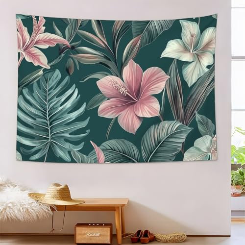 Tapiz de Hibisco Monstera Verde oscuro, 180x230cm Tapiz de Pared, Tapices Decorativo Pared de Tela Cepillada, Estilo tropical exótico Tapices para Sala de Estar, Colcha habitación, Dormitorio