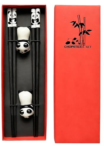Gekamoyue 2 Pares Palillos, Reutilizables Panda Palillos con Soporte, Chopsticks Antideslizantes para Principiante, Apto para Lavavajillas (Caja Roja)
