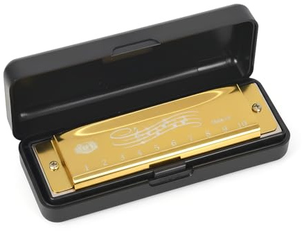 Alyxen Mundharmonika 10 Loch C-Dur, Diatonische Harmonika mit Etui, Mundharmonika für Anfänger, Blues Harp, Hervorragender Klang für Profis, Gold