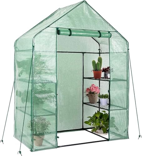 Grande Serre de Jardin 6 Niveaux, Structure en Acier, Bâche Polyéthylène Armée Transparente, 195 x 143 x 73 cm, avec Fermeture à Glissière, Résistant aux Intempéries, Montage Rapide