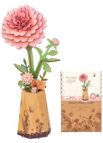 ROBOTIME Puzzle 3D Bois Fleur Dahlia Rose avec Vase, Fleur en Bois DIY à Construire, Maquette Bois Adulte, Bouquet de Fleurs Éternelles, Décoration Maison, Cadeau Femme Saint-Valentin Fête des Mères