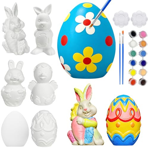 Ptesuply 6PC Paint Your Own Plaster Easter Crafts Kits, DIY Easter Eggs Bunny Painting Kit, Easter Gifts for Kids, Easter Basket Stuffers Family Party Activity Decorations (Set of 6)