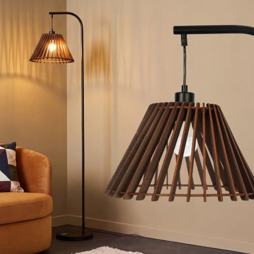 LuminexDesigns Stehlampe Wohnzimmer Vintage mit Holz-Lampenschirm WOVI FL24 | Schwarz Retro Stehleuchte mit Fußschalter für 3 Farbtemperaturen, mit E27 Bulb, für Schlafzimmer & Lounge-Ecke