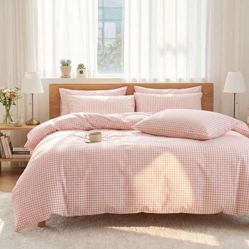 AShanlan Bettwäsche 135x200 Rosa Kariert Bettbezug und Kissenbezug 80x80 cm | Microfaser, Aesthetic, ÖkoTex Bettwäsche-Sets mit Reißverschluss, 2teilig