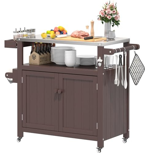 Jacklin F Isola di Cucina Esterna con Ruote Marrone - Carrello Barbecue Mobile Multifunzione, Piano Lavoro e Stoccaggio, Portatile per Giardino Terrazza Campeggio Picnic