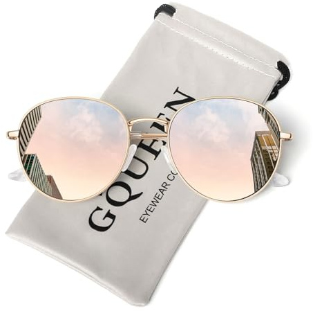 GQUEEN Retro Sonnenbrille Damen Herren Rund Polarisierte Hippie Stil UV400 | Leicht, Metallgestell, Verstellbare Nasenauflagen, Autofahren, Reisen, Laufen, Golfen, Angeln