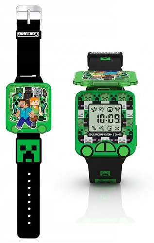 SRV Hub Minecraft Lernuhr Digitale Uhr - LED Smartwatch für Jungen mit 5 lustigen Lernspielen, Timer, Alarm, Stoppuhr, 10 Zifferblätter, Blaues Silikonarmband, ab 4 Jahren