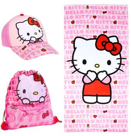 Hello Kitty Berretto da Baseball, Asciugamano e Zaino con Coulisse, Set 3 Pezzi per Bambina, Regalo Estivo per Spiaggia, Piscina e Gite per Ragazze
