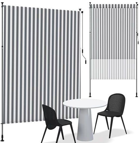 QEENTOE Store vertical avec manivelle sans perçage - 200 x 310 cm - Brise-vue - Rayures grises et blanches - Opaque - Protection UV - Store extérieur - Store vertical - Étanche