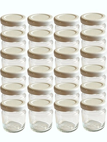 Lot de 28 mini pots en verres ronds et vides - 53 ml chacun - Couvercle de même couleur par 43 - Doré et blanc - Pour confiture, moutarde et miel - Pour faire des portions ou pour goûter
