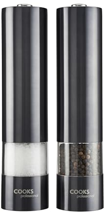 Cooks Professional Electric Salt and Pepper Mill Set | Battery Operated Automatic Grinders with Adjustable Course & Fine Grinding & One Touch Operation | Condiment Seasoning Grinder | Graphite