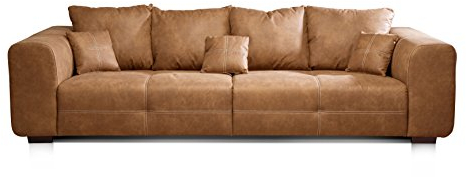 CAVADORE Big Sofa Mavericco / XXL Polstercouch im modernen Design in Lederoptik / Inklusive Rückenkissen und Zierkissen / 287 x 69 x 108 cm (BxHxT) / Mikrofaser Cognac