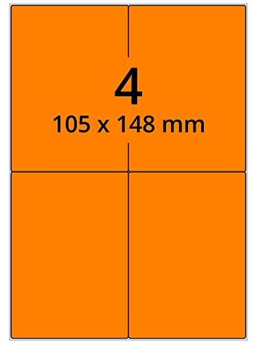 Farbige Etiketten auf A4 Bogen, neonorange - 105 x 148 mm - 400 Papier Aufkleber auf 100 Blatt, selbstklebende Laser-Etiketten fluorisierend leuchtfarbig