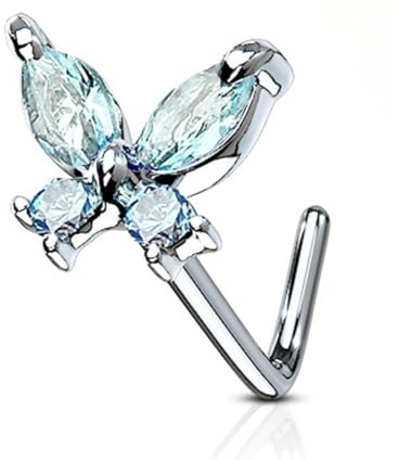 Tapsi´s Coolbodyart® Nasenpiercing L Stecker Gebogen Chirurgenstahl 316L Silber Zirkonia Schmetterling Aqua