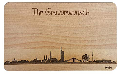 Brotzeitbrett Wien Skyline | Frühstücksbrettchen aus Buche | Holz Schneidbrett | Geschenk mit Gravur | Frühstücksbrett | Österreich (Brett L (26x16x1,5cm), 2. mit persönlicher Gravur)