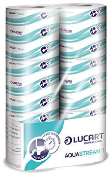 Aquastream Lucart, AquaStream 1, Papier hygiénique en rouleau à base de pâte pure, idéal pour les toilettes publiques et les bureaux, 6 rouleaux de 200 feuilles par paquet, 9,5x11 cm, 12 paquets
