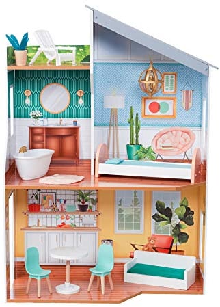 KidKraft Casa delle Bambole in Legno Emily con Accessori e Mobili inclusi, Casa a 3 Livelli di Gioco con Terrazza sul Tetto per Bambole 30cm, Giocattolo per Bambini 3+ Anni, 65988