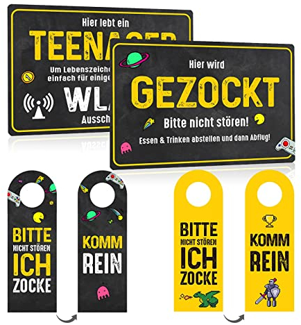 4er Set - Blechschild Teenager Zocken 20x30cm - Hier lebt ein Teenager Wlan - Hier wird Gezockt Türschilder - Türhänger Bitte Nicht Stören Ich Zocke - Schild Deko Geschenk für Spielzimmer Zocker