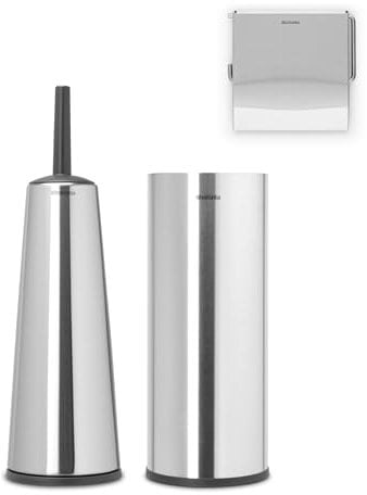 Brabantia 3 Piece Toilet Accessory Set Toilet Brush & Holder, Toilet Roll Holder & Toilet Roll Dispenser (Drill/No Drill Wall Mounting) One Size, Matt Steel